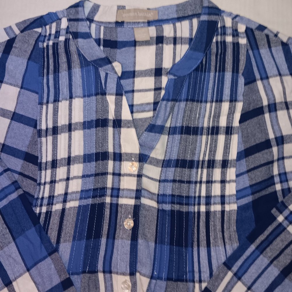 WOMAN WITHIN PINTUCKED FLANNEL PLAID PRINT BUTTON DOWN SHIRT - Picture 2 of 10